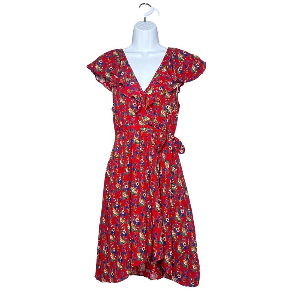 Maeve Anthropologie Rosalia Faux Wrap Dress Women 4 Red Floral Print Ruffle Trim